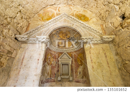 Early medieval frescoes adorning Tempietto del Clitunno interior 135101652
