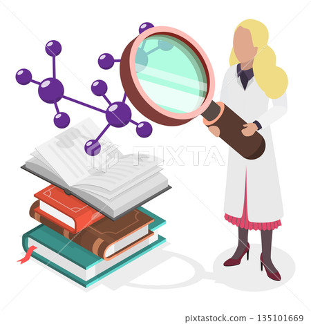 3D Isometric Flat Vector Set of Scientific Women, Science Research Scenes. Item 1 3D Isometric Flat Vector Set of Scientific Women, Science Research Scenes. Item 1 135101669