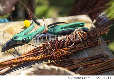 Willow branches and pruners for traditional weaving craft 135101713