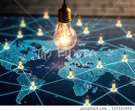 Connecting ideas through light and technology in a network across a global map Connecting ideas through light and technology in a network across a global map 135101943