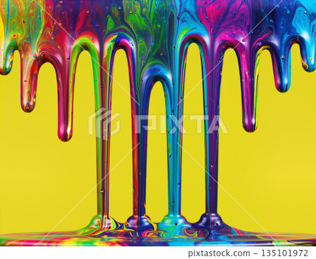 Colorful liquid paint clouds mix and flow on a bright yellow surface in a fun art scene 135101972