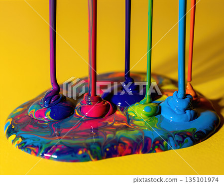 Colorful liquid paint forms a cloud like shape on a bright yellow surface under warm light during an indoor art session 135101974