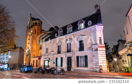 Saint Jean de Montmartre church, Art Nouveau architecture at night in Paris Saint Jean de Montmartre church, Art Nouveau architecture at night in Paris 135102314