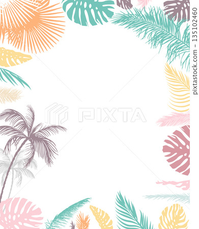 Multicolored palm leaf frame Light pastel colors. Hand drawn. Not AI, vector illustration. 135102460