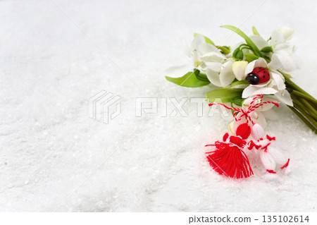 Martisor tradition celebrating spring with snowdrops and ladybug Martisor tradition celebrating spring with snowdrops and ladybug 135102614