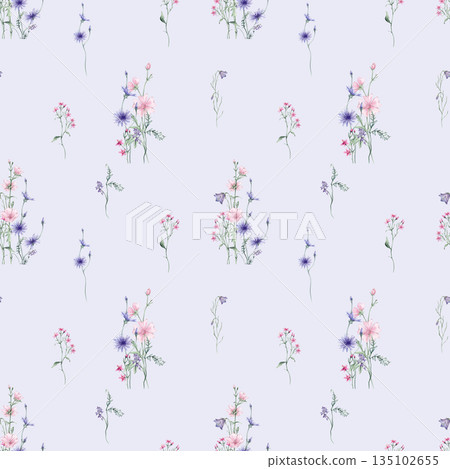 Watercolor seamless pattern with wildflowers on white background - illustration with pink blue purple buds and branches. Prints with Herbs, Marshmallow flowers, bluebell and chicory 135102655