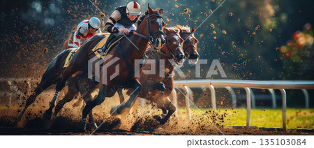 Horse racing action with jockey riding racehorse at full speed Horse racing action with jockey riding racehorse at full speed 135103084