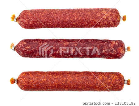 Smoked sausages isolated on white. Smoked sausages isolated on white. 135103192