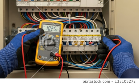 一名電工正在用測試器檢查配電盤上的斷路器。 一名電工正在用測試器檢查配電盤上的斷路器。 135103272