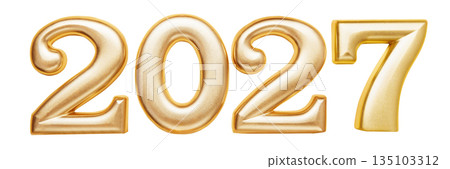 Holiday background Happy New Year 2027. Numbers of year 2027 made by gold candles isolated on white background with clipping path. celebrating New Year holiday, close-up. Space for text Holiday background Happy New Year 2027. Numbers of year 2027 made by gold candles isolated on white background with clipping path. celebrating New Year holiday, close-up. Space for text 135103312
