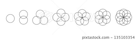 Intersecting circles set. Circle Venn diagram with four, five and six parts. Infographic chart line icon. 2,3,4 overlap balance elements diagram. Vector illustration isolated on white background 135103354