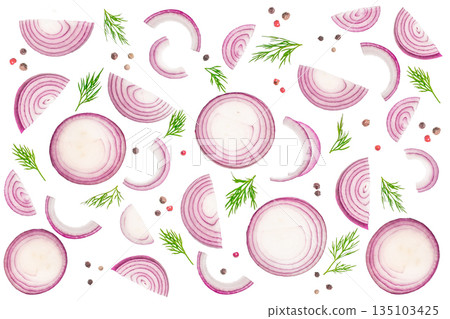 Seamless pattern with red onion slices, dill and pepper isolated on white background Seamless pattern with red onion slices, dill and pepper isolated on white background 135103425