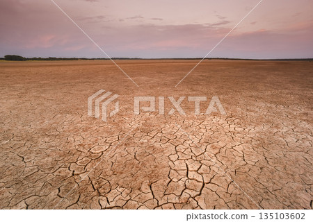 Cracked earth, desertification process, La Pampa Province, Patagonia, Argentina. 135103602