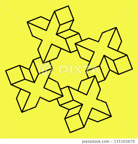 Optical illusion vector. Vector illustration isolated on yellow. Sacred geometry. Black lines on a yellow background.  135103679