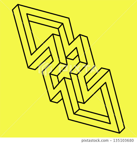 Impossible shape. Sacred geometry. Optical illusion figure. Op art. Impossible geometry object on a yellow background. Impossible shape. Sacred geometry. Optical illusion figure. Op art. Impossible geometry object on a yellow background. 135103680