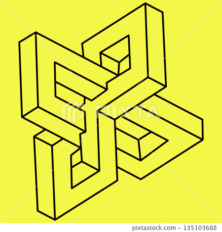 Impossible shapes. Optical illusion. Linear infinite object. Abstract eternal geometric figure. Impossible geometry sign outline, yellow background. Op art. 135103688