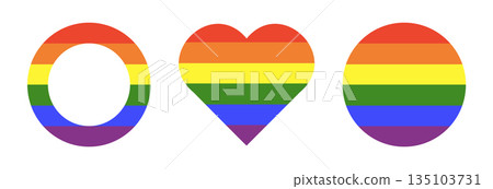 Rainbow flags. Gay pride frames collection. Progress Logo symbols mockups. LGBT circle, heart icons. Round, heart badge, button layout. Set of flat stickers in rainbow colours. Template simple design. 135103731