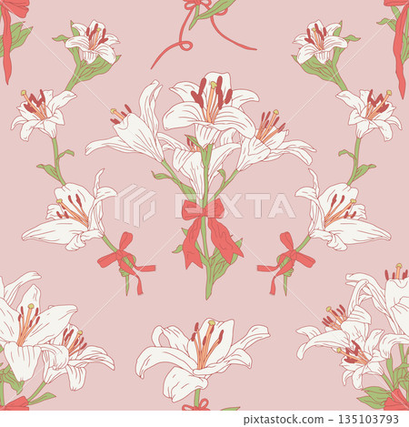 Vintage seamless pattern with hand drawn white lily flowers and fancy bow knots on pastel pink background. Boho floral repeat wallpaper 135103793