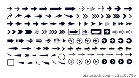Arrow icons set, navigation symbols for web, app, UI, infographic design. Direction signs, play buttons, cursor elements for interface, presentation templates. Arrow icons Vector illustration. 135103799