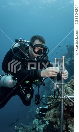 Underwater scientist adjusting research equipment 135104204