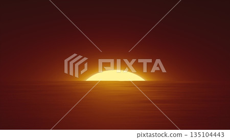 Abstract orange sun over water and horizon with reflections background 135104443