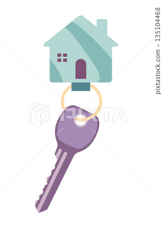 Door keys keyfob. Ring with trinket, keychains plastic tag hanging on keyring. House, apartment or room locking accessories. Cartoon flat vector isolated on white background 135104468