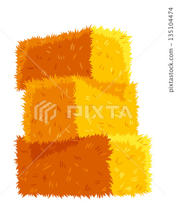 Golden color bale of hay. Bale of hay or straw isolated on white background. Flat dried haystack, farming haymow bale hayloft, agricultural rural haycock 135104474