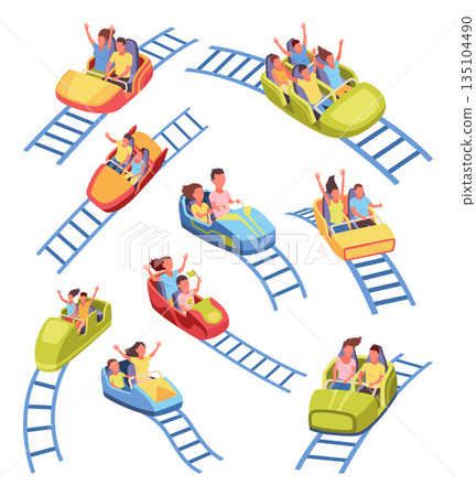 Roller coaster happy people. Rollercoaster. Friends riding in amusement park have fun positive emotion, park attractions. Young people having fun and enjoyment, cartoon vector illustration Roller coaster happy people. Rollercoaster. Friends riding in amusement park have fun positive emotion, park attractions. Young people having fun and enjoyment, cartoon vector illustration 135104490