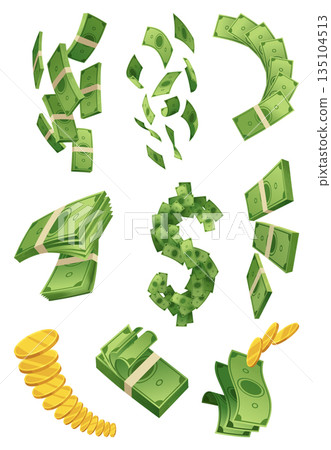 Cartoon money and coins icon set. Paper cash, bills fly. Keeping money in bank. Green banknotes wealth, accumulation and inheritance. Flat vector money illustration. Objects isolated on white Cartoon money and coins icon set. Paper cash, bills fly. Keeping money in bank. Green banknotes wealth, accumulation and inheritance. Flat vector money illustration. Objects isolated on white 135104513