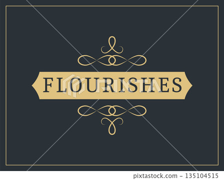 Flourishes calligraphic vintage ornamental background. Vector luxury invitation, restaurant menu or royalty certificate. Golden ornate page with swirls and vignettes elements 135104515