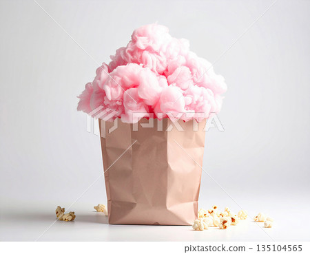 Presentation. Bright food for movie theaters. Popcorn and cotton candy in a paper bag. Presentation. Bright food for movie theaters. Popcorn and cotton candy in a paper bag. 135104565