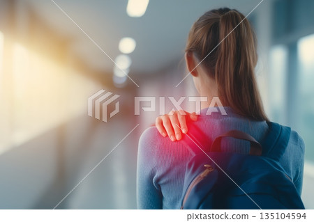 Stress-driven neck tension in office environment with highlighted pain zone, ideal for wellness apps and physiotherapy websites. 135104594