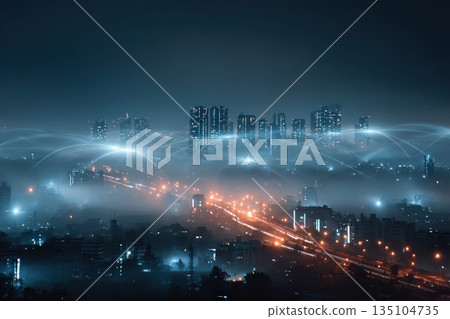 Cloud storage systems at night in a modern city with data connections and urban lights Cloud storage systems at night in a modern city with data connections and urban lights 135104735