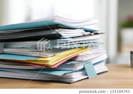 Financial documents stacked on a modern office desk with a focus on organization and analysis Financial documents stacked on a modern office desk with a focus on organization and analysis 135104743