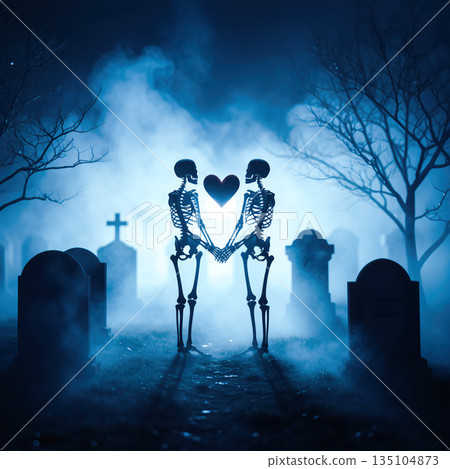 Skeletons hold hands in a graveyard with fog and trees at night showing love in a spooky setting Skeletons hold hands in a graveyard with fog and trees at night showing love in a spooky setting 135104873