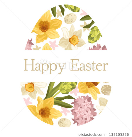 Hand-drawn spring Easter egg shape greeting card with yellow daffodil and pink hyacinth flowers and eggs and Happy Easter text 135105226
