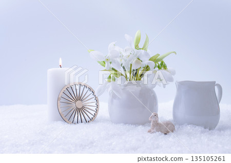 Wiccan altar for Imbolc sabbath, pagan holiday ritual. symbol of Imbolc holiday, spring equinox. Wiccan altar for Imbolc sabbath, pagan holiday ritual. symbol of Imbolc holiday, spring equinox. 135105261
