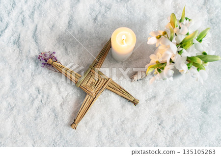 Wiccan altar for Imbolc sabbath, pagan holiday ritual. symbol of Imbolc holiday, spring equinox. Wiccan altar for Imbolc sabbath, pagan holiday ritual. symbol of Imbolc holiday, spring equinox. 135105263