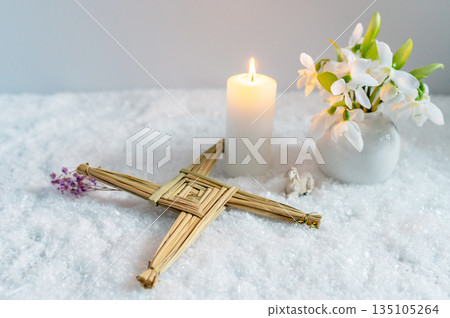 Wiccan altar for Imbolc sabbath, pagan holiday ritual. symbol of Imbolc holiday, spring equinox. Wiccan altar for Imbolc sabbath, pagan holiday ritual. symbol of Imbolc holiday, spring equinox. 135105264