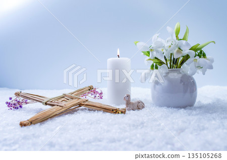 Wiccan altar for Imbolc sabbath, pagan holiday ritual. symbol of Imbolc holiday, spring equinox. Wiccan altar for Imbolc sabbath, pagan holiday ritual. symbol of Imbolc holiday, spring equinox. 135105268