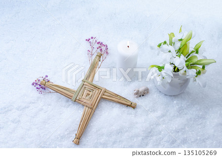 Wiccan altar for Imbolc sabbath, pagan holiday ritual. symbol of Imbolc holiday, spring equinox. Wiccan altar for Imbolc sabbath, pagan holiday ritual. symbol of Imbolc holiday, spring equinox. 135105269