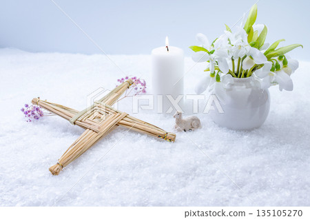 Wiccan altar for Imbolc sabbath, pagan holiday ritual. symbol of Imbolc holiday, spring equinox. Wiccan altar for Imbolc sabbath, pagan holiday ritual. symbol of Imbolc holiday, spring equinox. 135105270