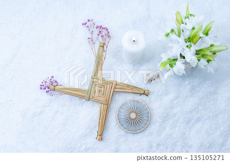 Wiccan altar for Imbolc sabbath, pagan holiday ritual. symbol of Imbolc holiday, spring equinox. Wiccan altar for Imbolc sabbath, pagan holiday ritual. symbol of Imbolc holiday, spring equinox. 135105271
