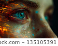 A close-up view of a human face highlights the eye illuminated by blue-orange lights, showcasing emotional depth and vivid clarity during a nighttime setting. 135105391