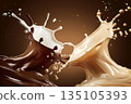 Dark and light chocolate splash together, forming smooth, abstract shapes that blend harmoniously. This moment captures the beauty of rich textures in a delightful scene. 135105393