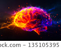 Close-up view reveals an abstract brain shape, glowing with bright colors and intricate patterns, creating a vivid visual experience of creativity and thought. 135105395