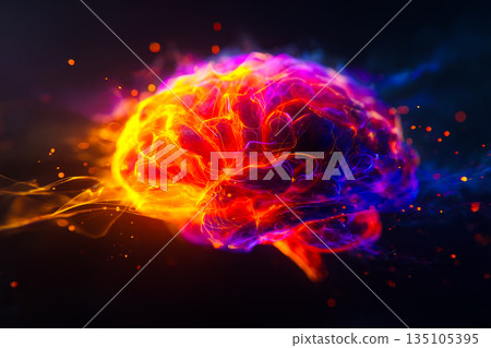 Close-up view reveals an abstract brain shape, glowing with bright colors and intricate patterns, creating a vivid visual experience of creativity and thought. 135105395