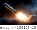 A dramatic close-up captures the moment a rocket ignites and lifts off from the launch pad, surrounded by bright flames and thick smoke in the dark sky. 135105419