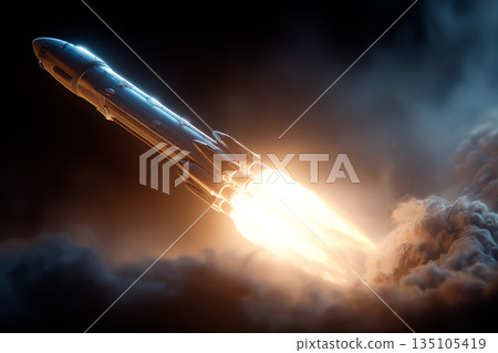 A dramatic close-up captures the moment a rocket ignites and lifts off from the launch pad, surrounded by bright flames and thick smoke in the dark sky. 135105419