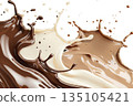 A dynamic splash of chocolate showcases smooth, flowing shapes with droplets and curves blending dark and light brown hues, creating an appealing, artistic effect. 135105421